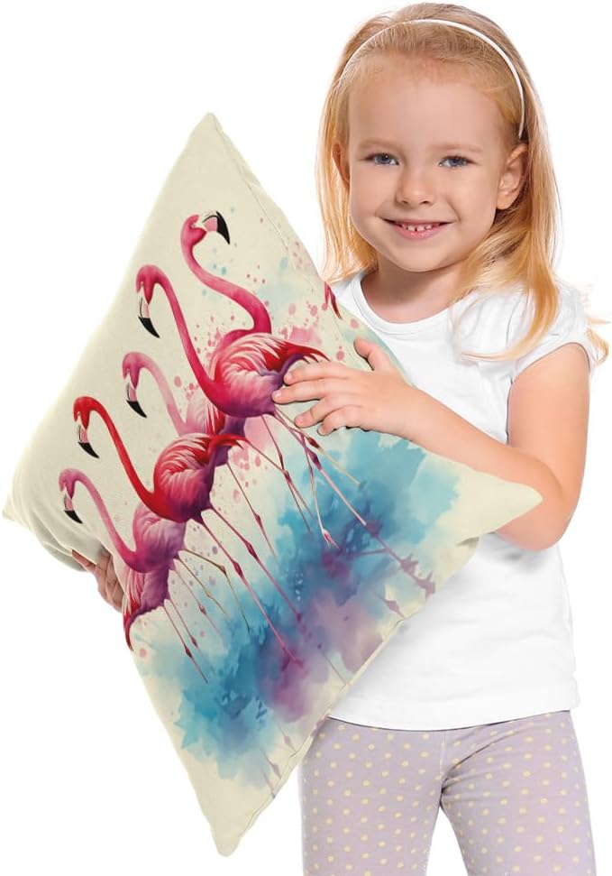 Moslion Flamingo Pillowcases 18x18 Inch Pink Bird Wildlife Animal Flamingos in Water Blue Watercolor Throw Pillow Cover Case Cotton Linen Decorative Cushion for Couch Bed - Image 3